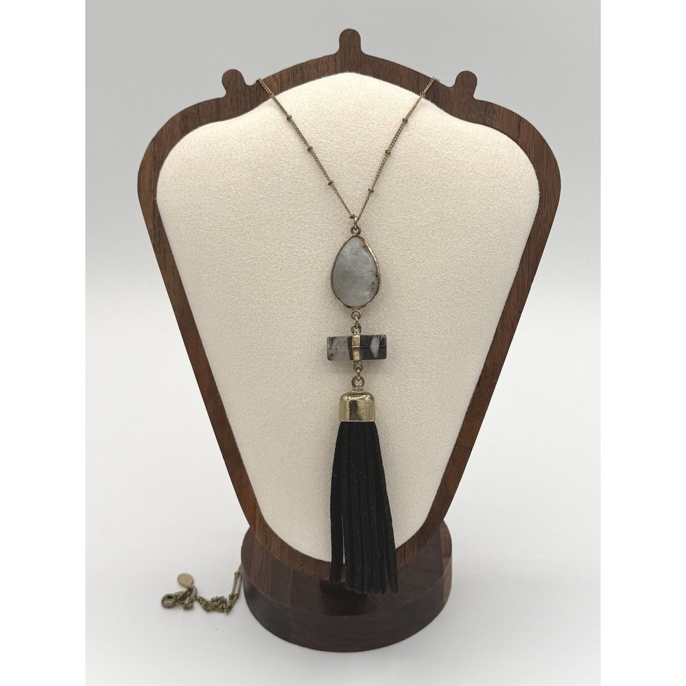 LOFT Long Gold Tone Tassel Necklace Gray Faceted Teardrop Black Fringe 40 in
